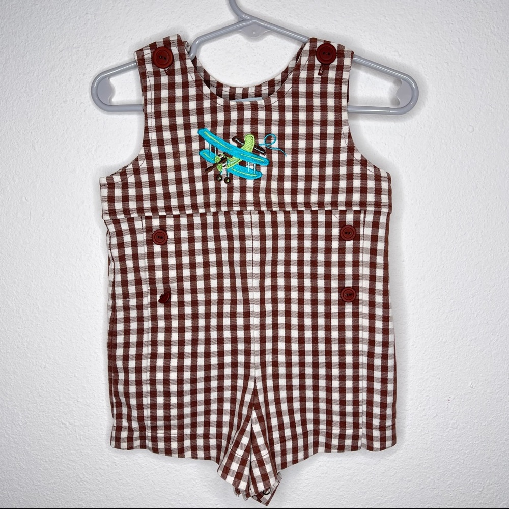 Patsy Aiken brown check Jon Jon romper airplane new Sz 12 mo